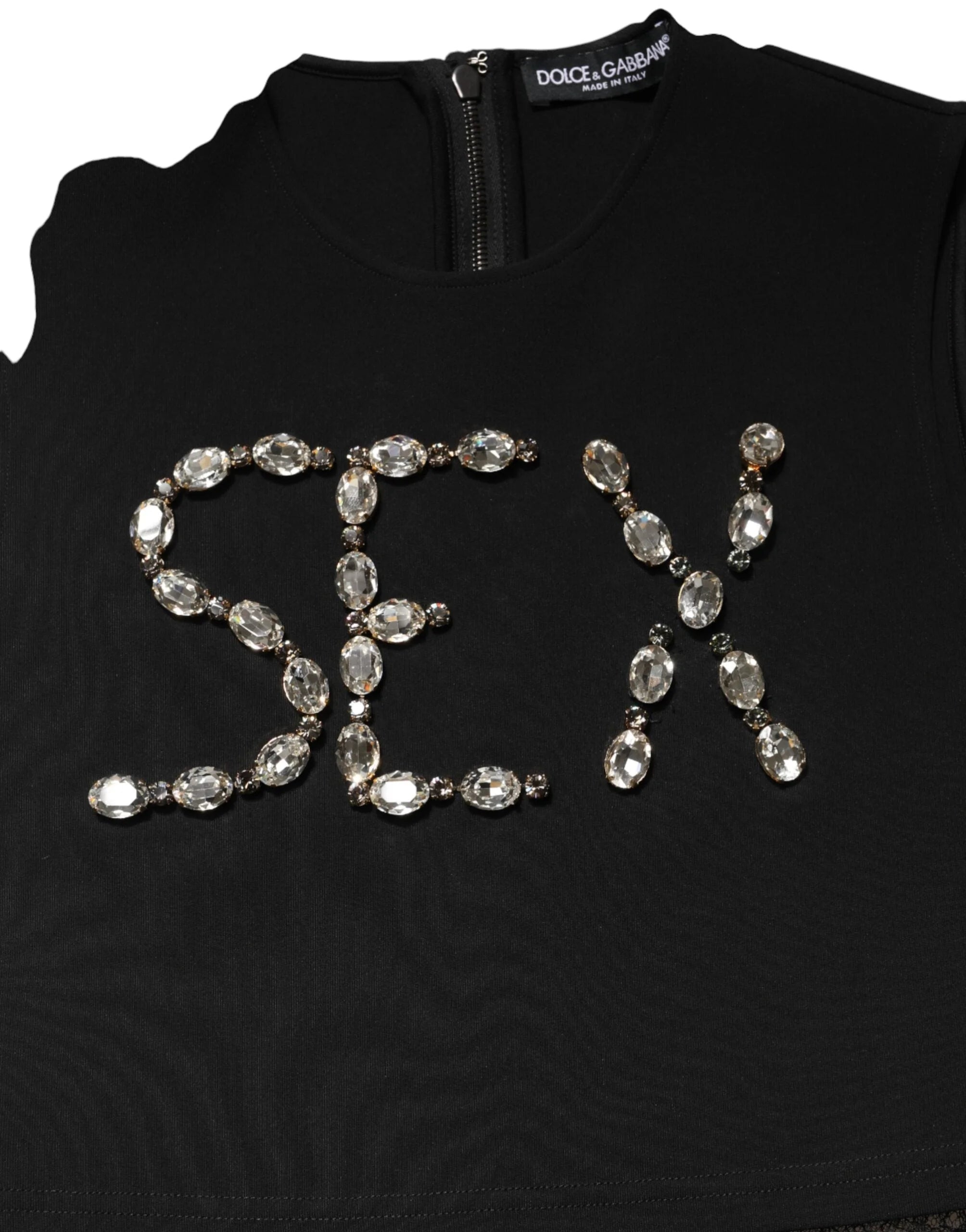 Dolce & Gabbana Black Jersey Lace Ruching Rhinestone Tank Top - IT48|XXL