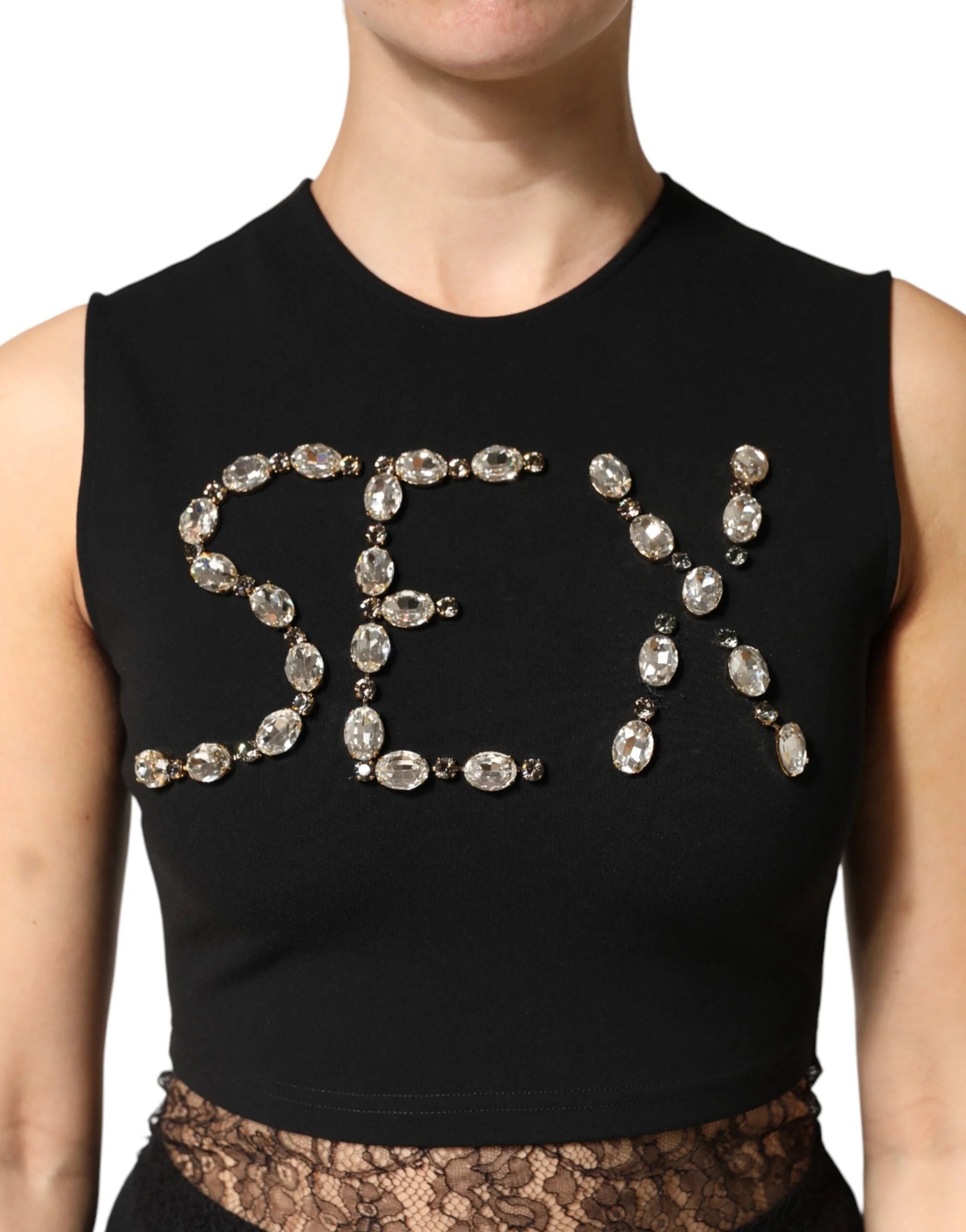 Dolce & Gabbana Black Jersey Lace Ruching Rhinestone Tank Top - IT48|XXL