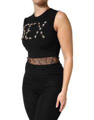 Dolce & Gabbana Black Jersey Lace Ruching Rhinestone Tank Top - IT48|XXL
