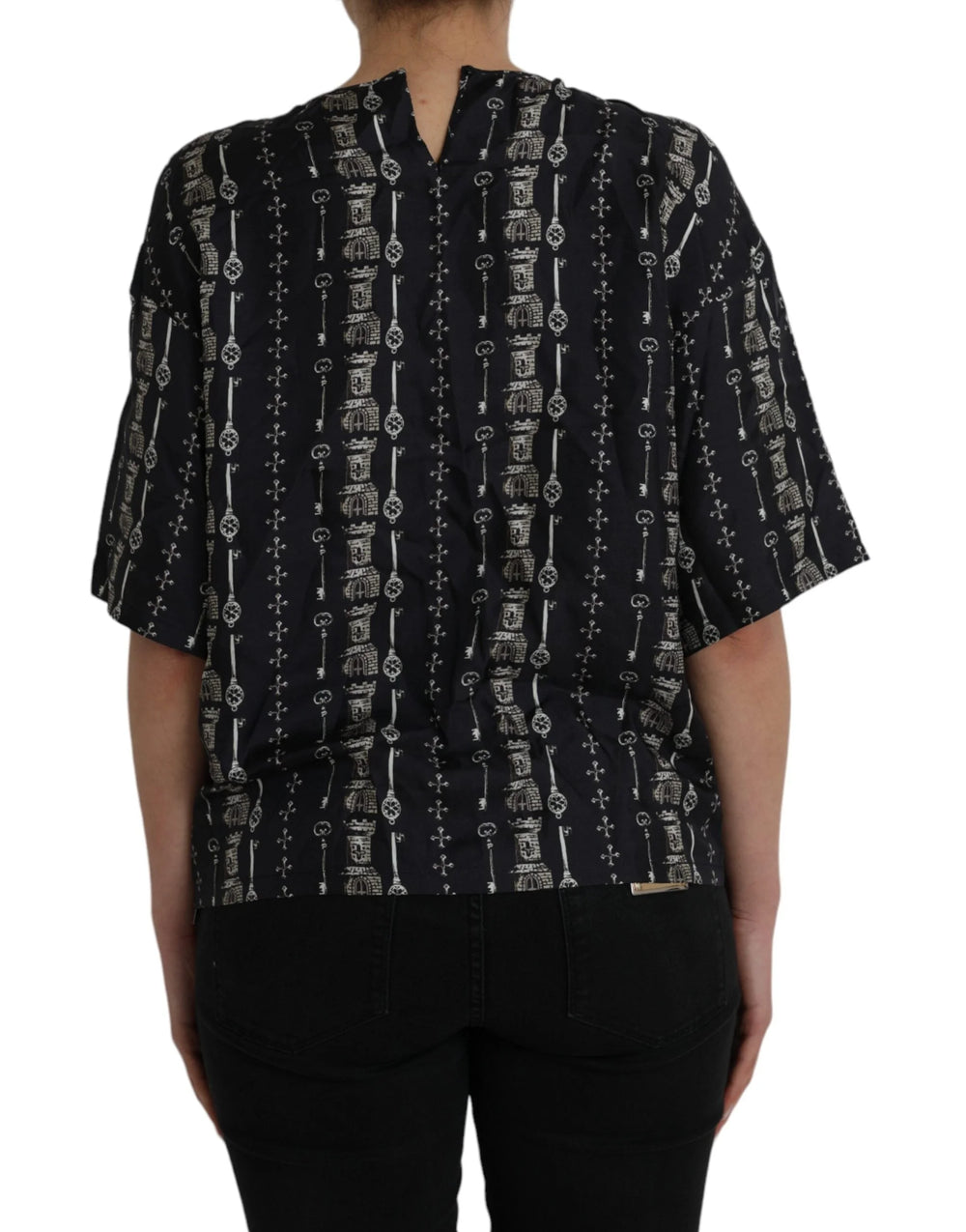 Dolce & Gabbana Black Key Castle Print Silk Blouse T-shirt - IT42|M - Blouses