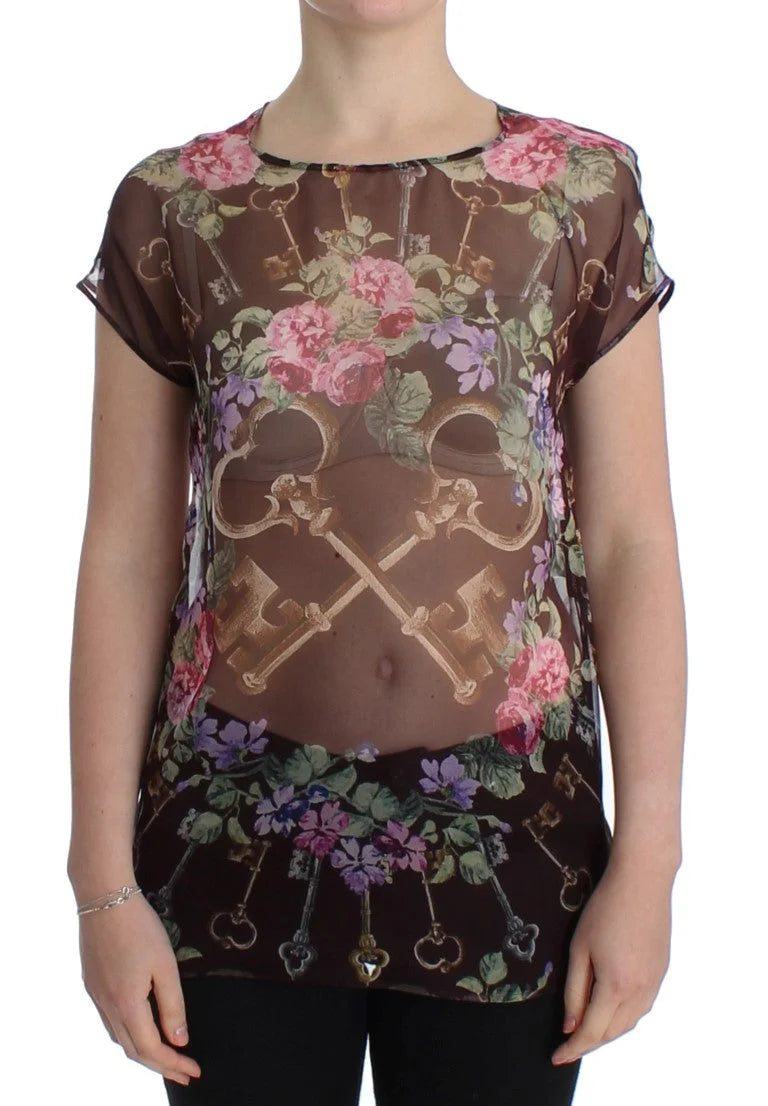 Dolce & Gabbana Black Key Floral Print Silk Blouse T-shirt - IT42|M - Blouses
