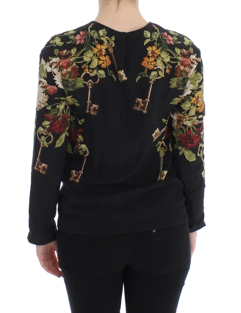 Dolce & Gabbana Black Key Floral Print Silk Blouse Top - IT36 | XS - Blouses