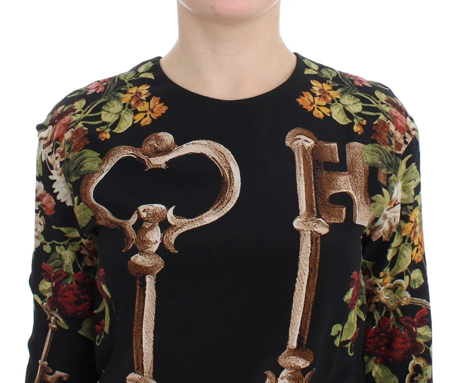 Dolce & Gabbana Black Key Floral Print Silk Blouse Top - IT36 | XS - Blouses