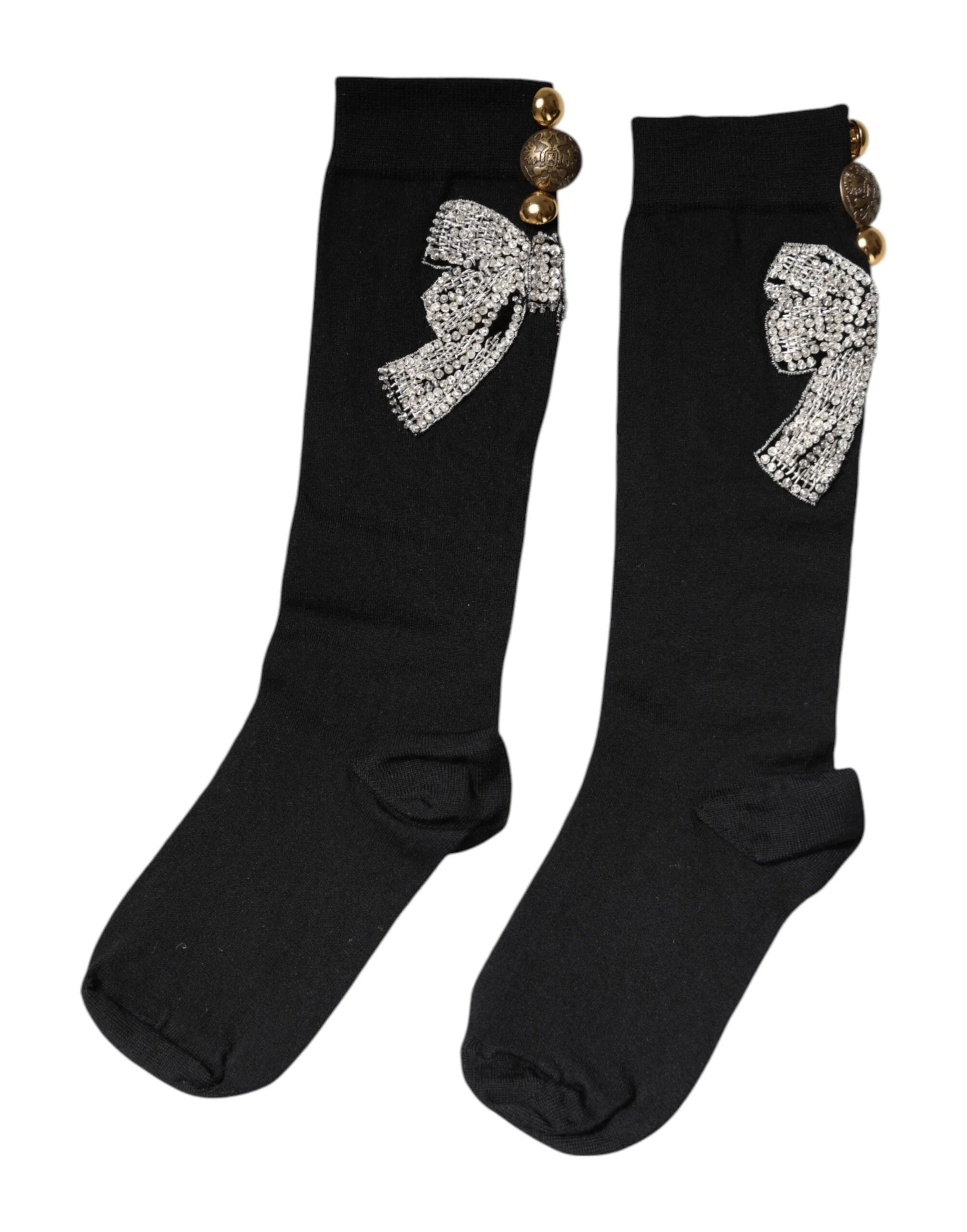 Dolce & Gabbana Black Knit Floral Crystal Embellishment Socks - Crew Socks