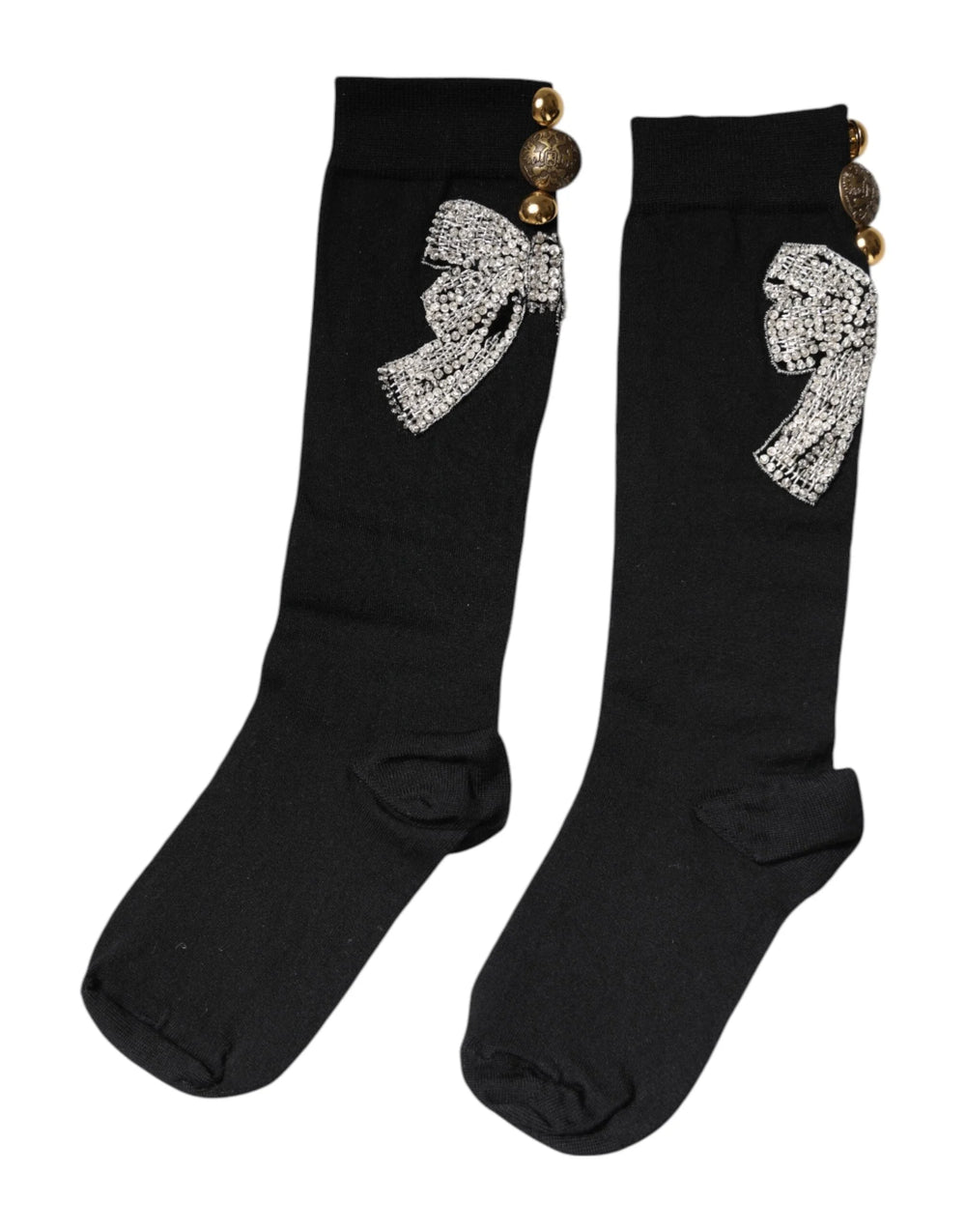 Dolce & Gabbana Black Knit Floral Crystal Embellishment Socks - Crew Socks