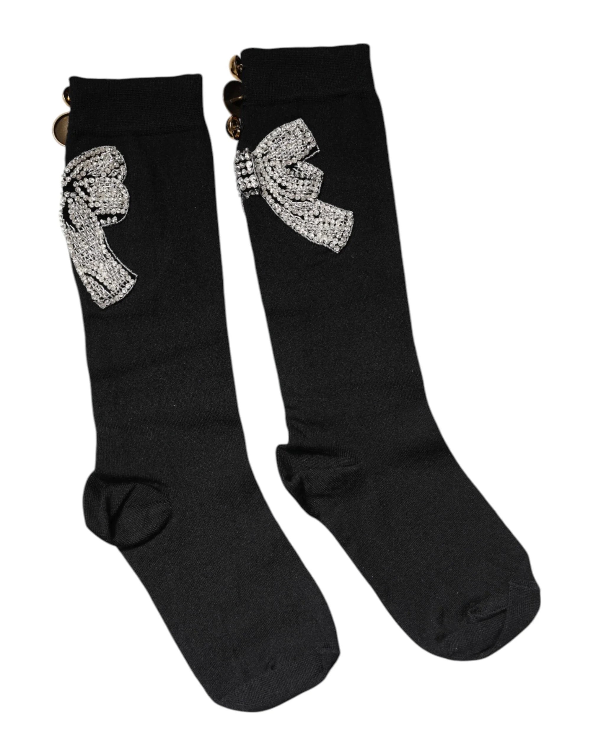 Dolce & Gabbana Black Knit Floral Crystal Embellishment Socks - Crew Socks