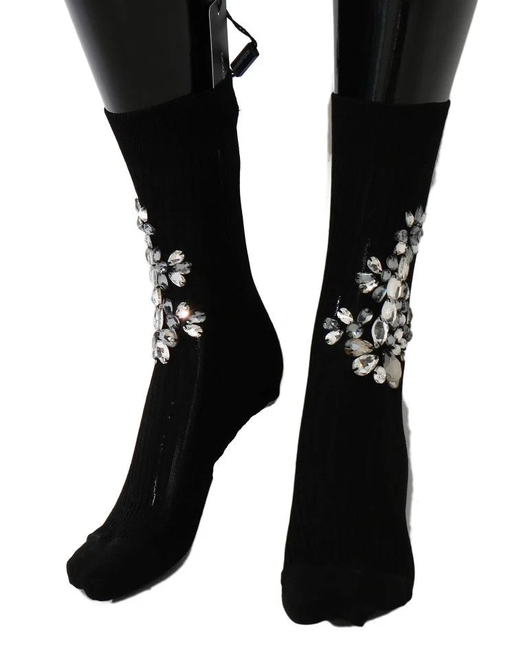 Dolce & Gabbana Black Knitted Floral Clear Crystal Socks - Hosiery