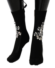 Dolce & Gabbana Black Knitted Floral Clear Crystal Socks - Hosiery