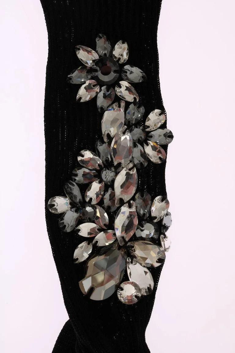 Dolce & Gabbana Black Knitted Floral Clear Crystal Socks - Hosiery