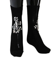 Dolce & Gabbana Black Knitted Floral Clear Crystal Socks - Hosiery