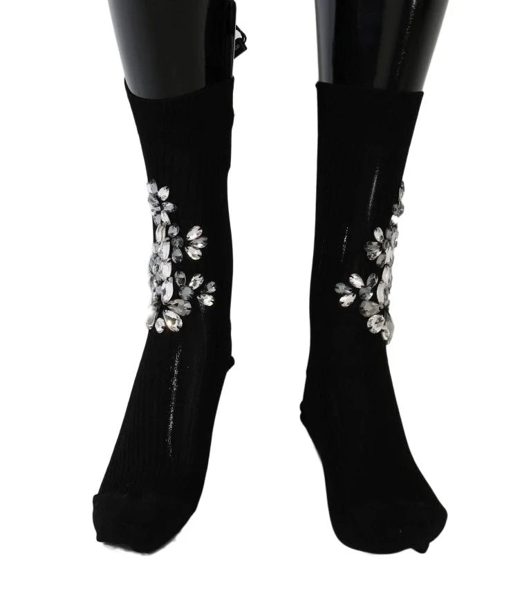 Dolce & Gabbana Black Knitted Floral Clear Crystal Socks - Hosiery