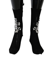 Dolce & Gabbana Black Knitted Floral Clear Crystal Socks - Hosiery