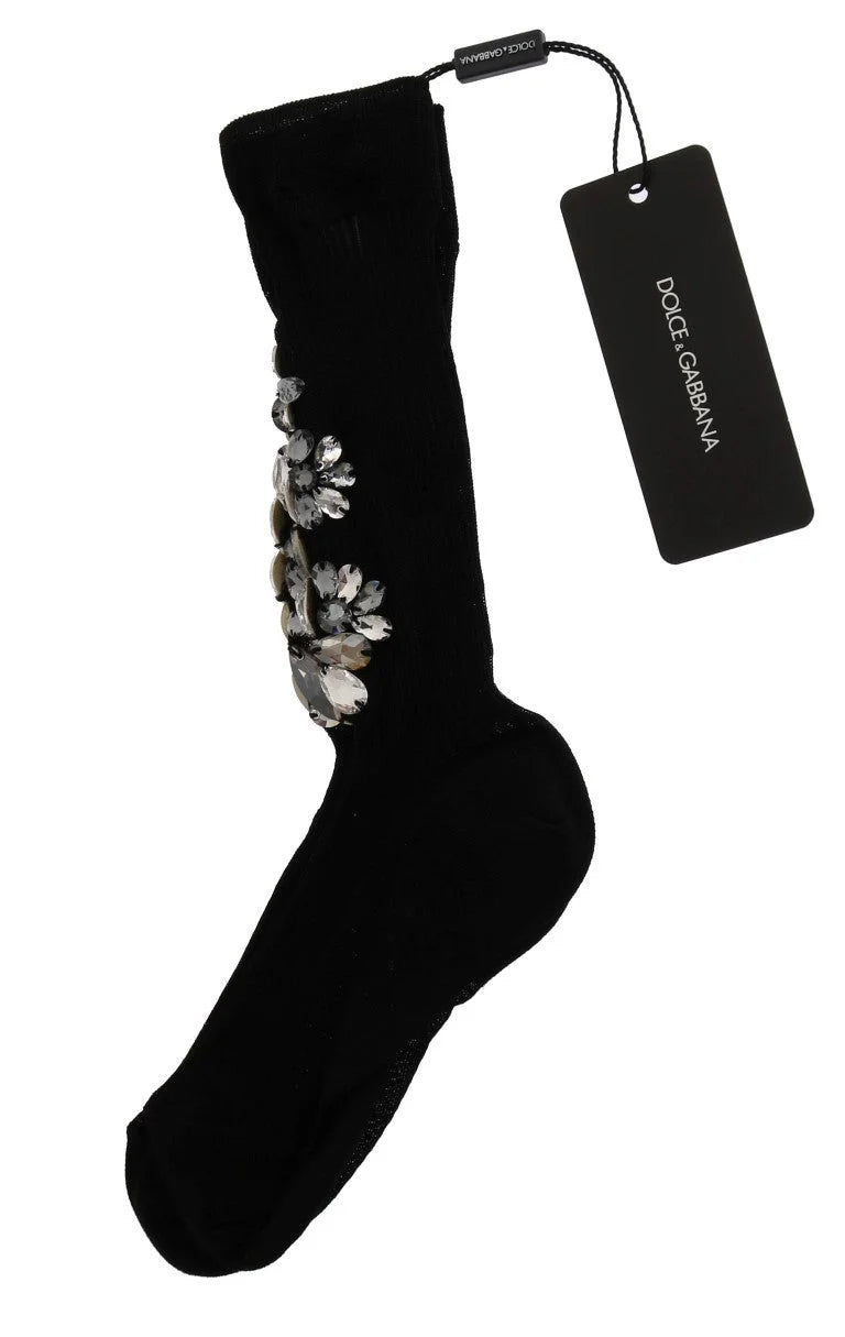 Dolce & Gabbana Black Knitted Floral Clear Crystal Socks - Hosiery