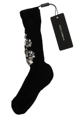 Dolce & Gabbana Black Knitted Floral Clear Crystal Socks - Hosiery
