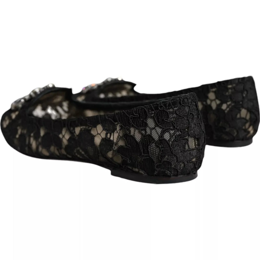 Dolce & Gabbana Black Lace Crystal Ballet Flats Loafer Shoes - EU35/US4.5 - Flats