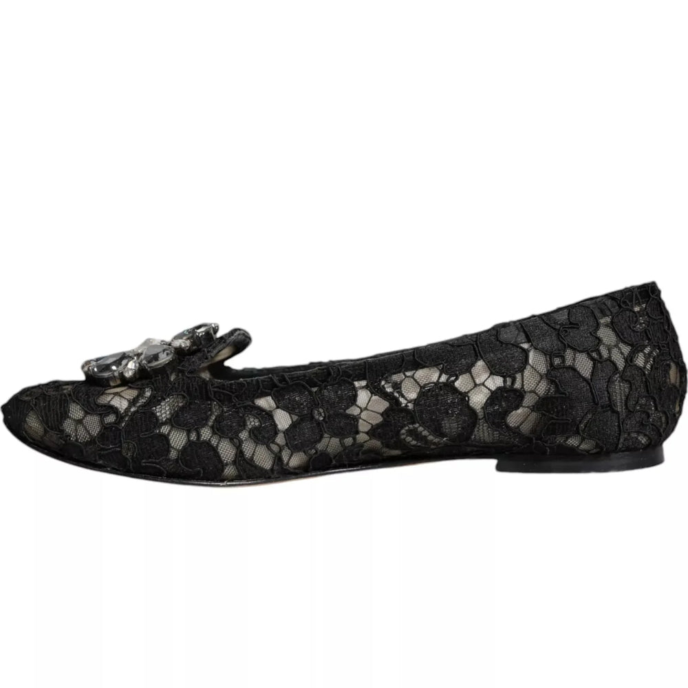 Dolce & Gabbana Black Lace Crystal Ballet Flats Loafer Shoes - EU35/US4.5 - Flats