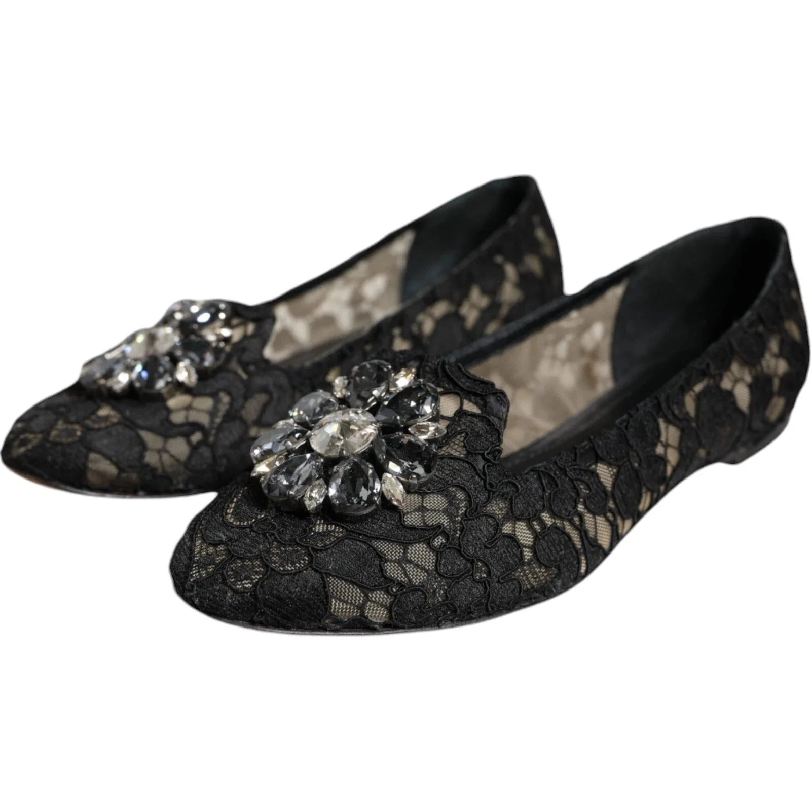 Dolce & Gabbana Black Lace Crystal Ballet Flats Loafer Shoes - EU35/US4.5 - Flats