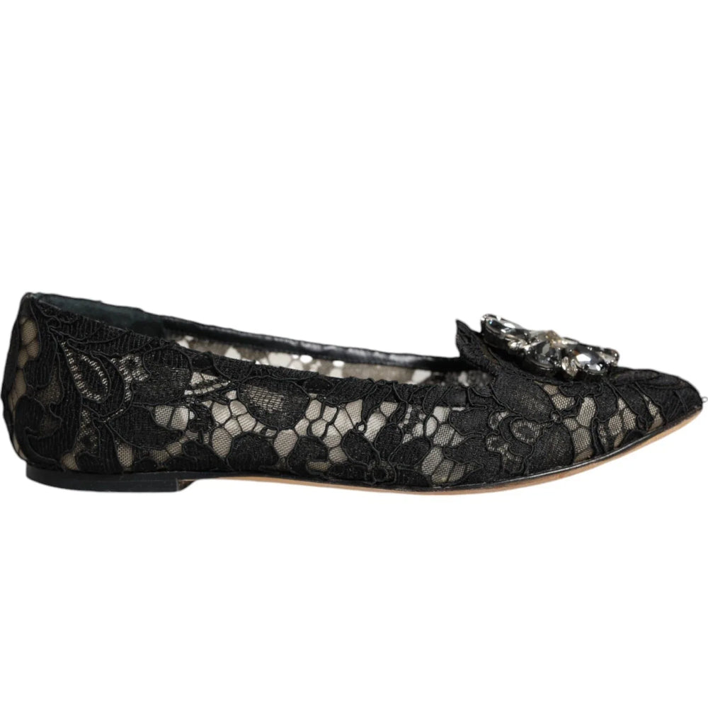 Dolce & Gabbana Black Lace Crystal Ballet Flats Loafer Shoes - EU35/US4.5 - Flats