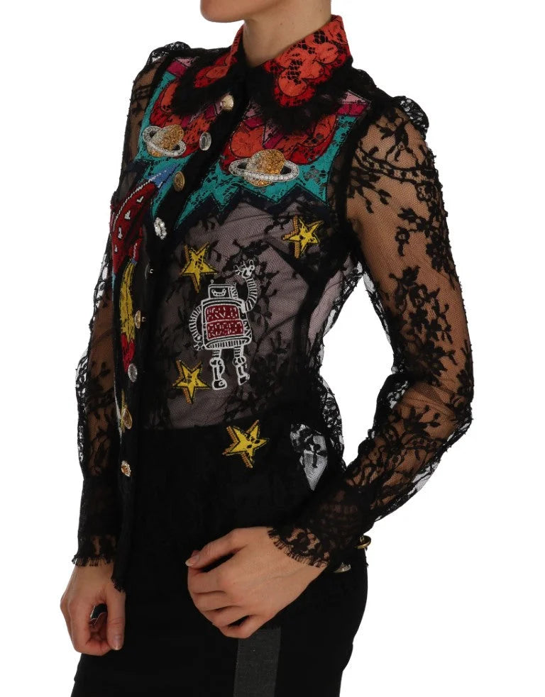 Dolce & Gabbana Black Lace Crystal SPACE Shirt - IT36 | XS - Blouses