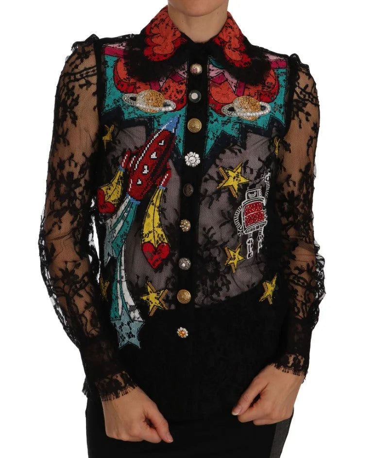 Dolce & Gabbana Black Lace Crystal SPACE Shirt - IT36 | XS - Blouses