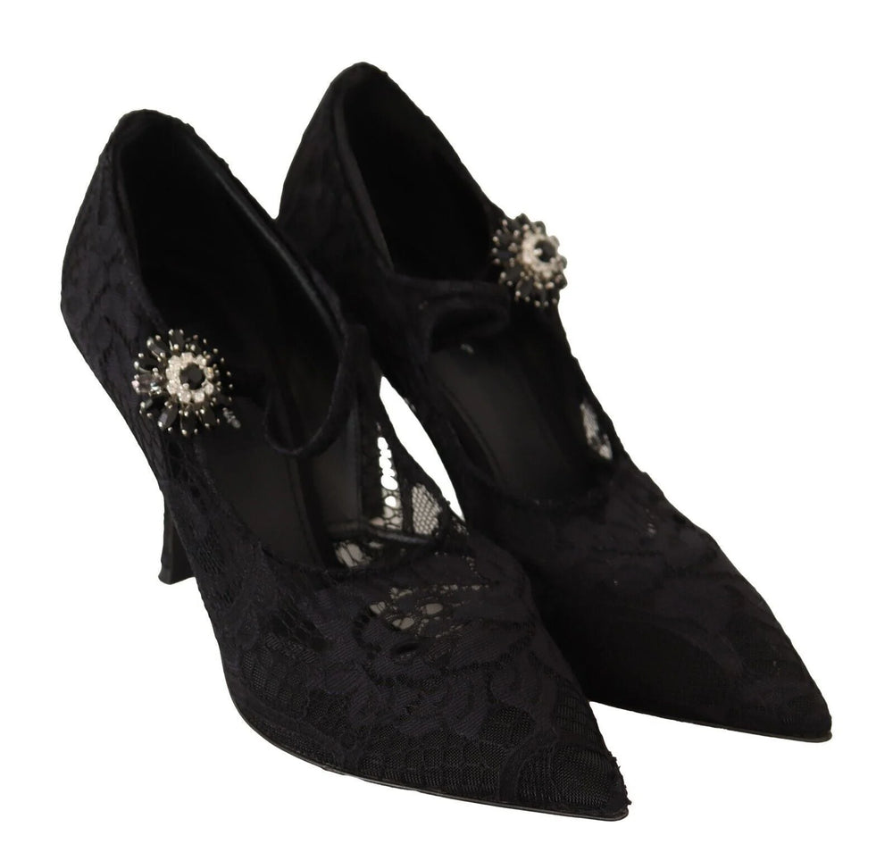 Dolce & Gabbana Black Lace Crystals Heels Mary Jane Pumps Shoes - EU38/US7.5 - Heels