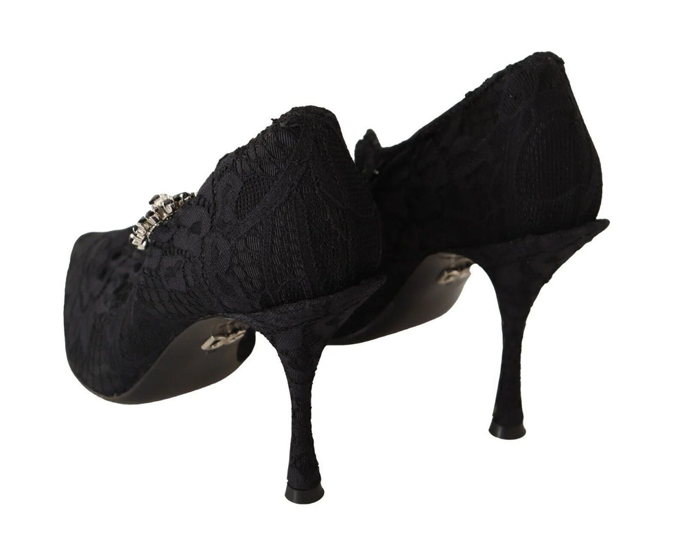 Dolce & Gabbana Black Lace Crystals Heels Mary Jane Pumps Shoes - EU38/US7.5 - Heels