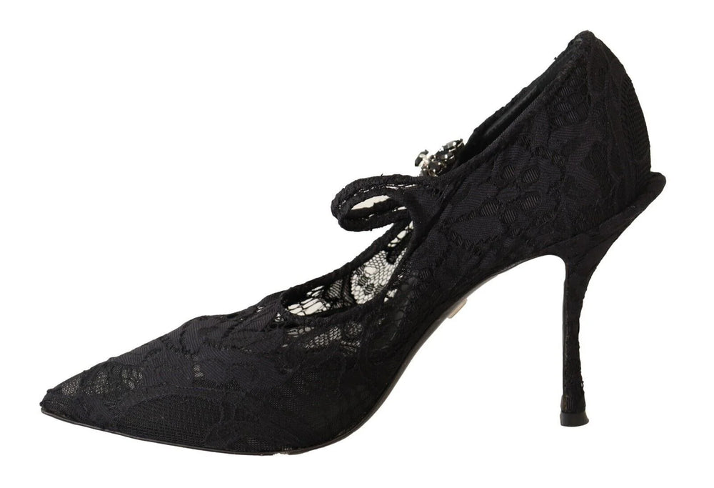 Dolce & Gabbana Black Lace Crystals Heels Mary Jane Pumps Shoes - EU38/US7.5 - Heels