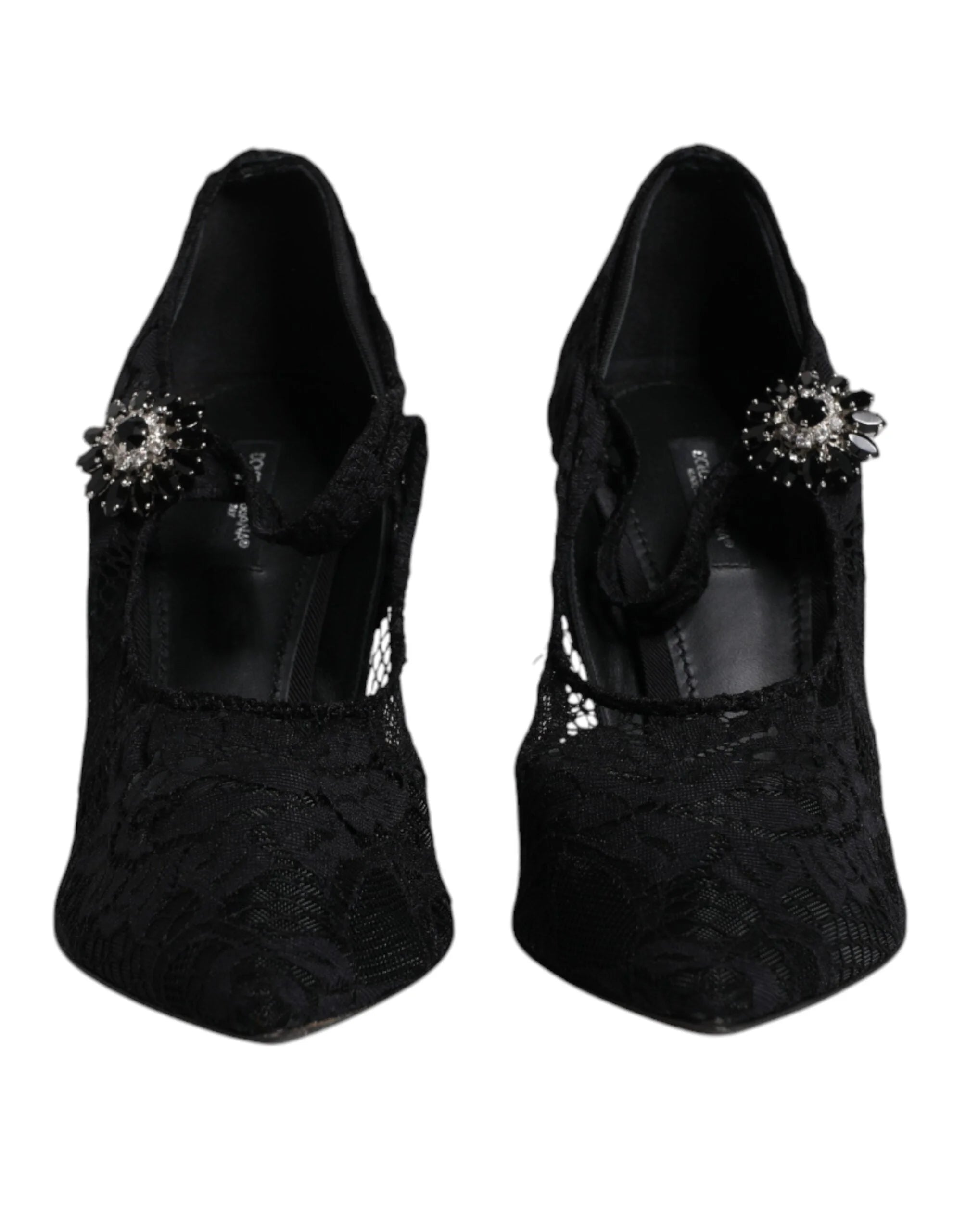 Dolce & Gabbana Čierne čipkované lodičky Mary Jane s kryštálmi - EU39.5/US9