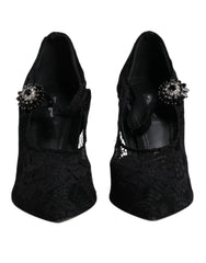 Dolce & Gabbana Čierne čipkované lodičky Mary Jane s kryštálmi - EU39.5/US9
