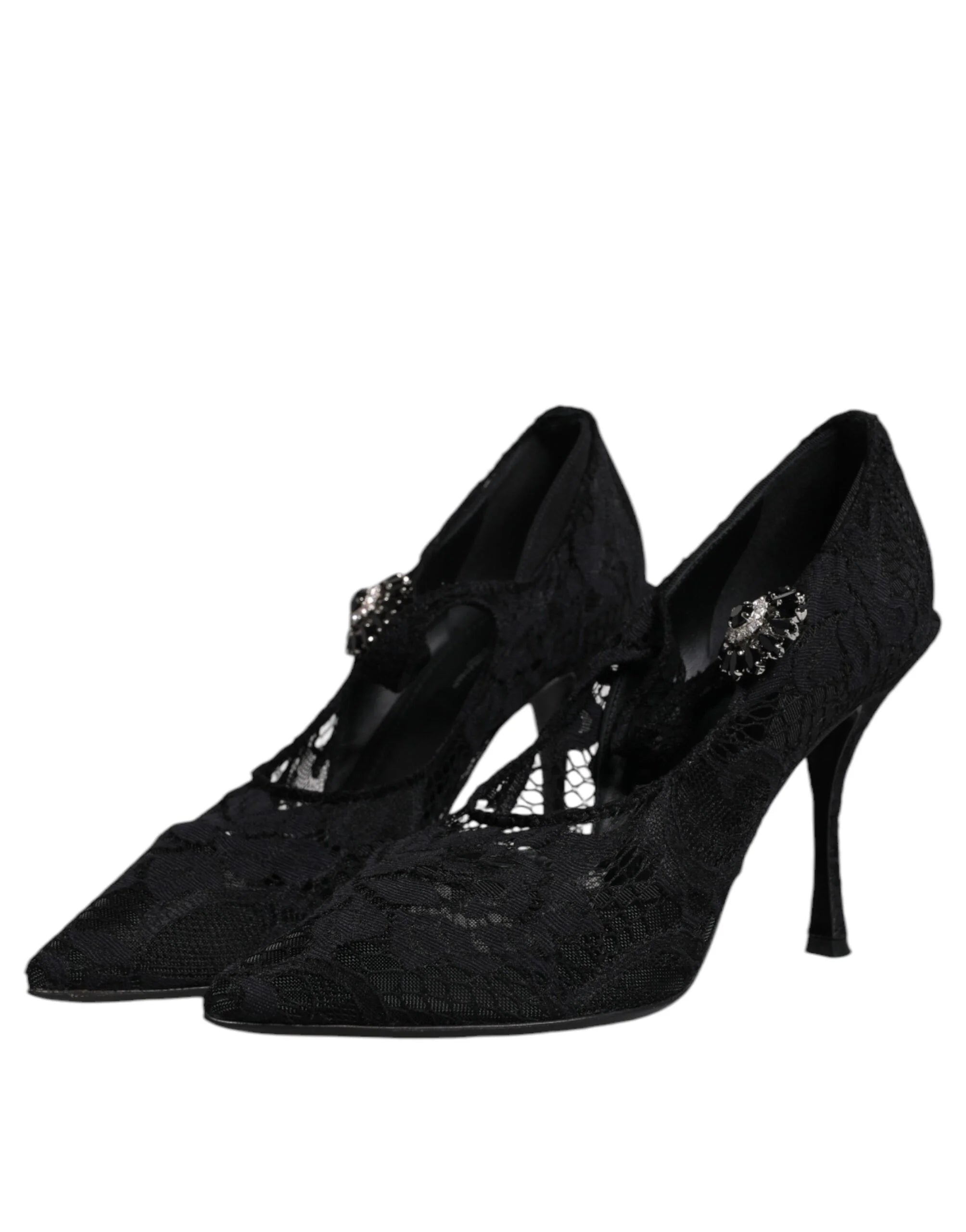 Dolce & Gabbana Čierne čipkované lodičky Mary Jane s kryštálmi - EU39.5/US9
