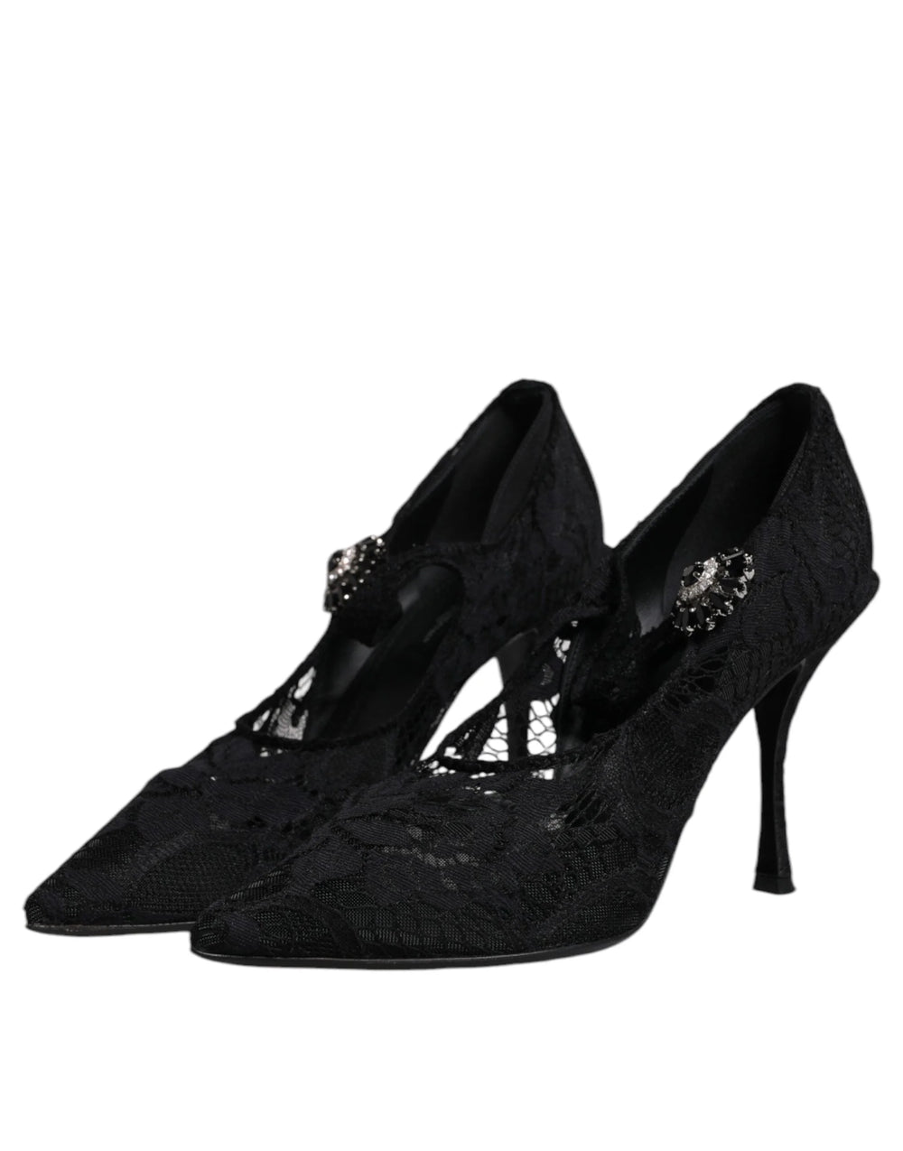 Dolce & Gabbana Čierne čipkované lodičky Mary Jane s kryštálmi - EU39.5/US9