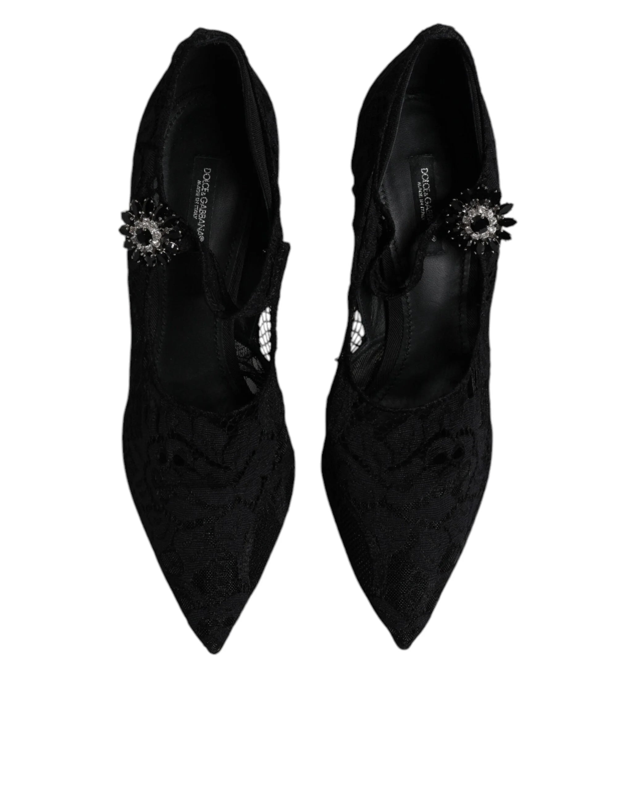 Dolce & Gabbana Čierne čipkované lodičky Mary Jane s kryštálmi - EU39.5/US9