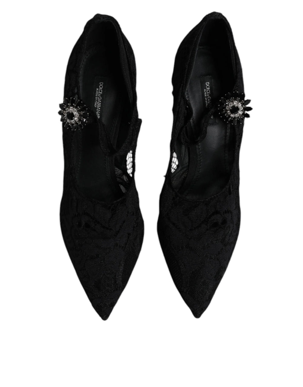 Dolce & Gabbana Čierne čipkované lodičky Mary Jane s kryštálmi - EU39.5/US9