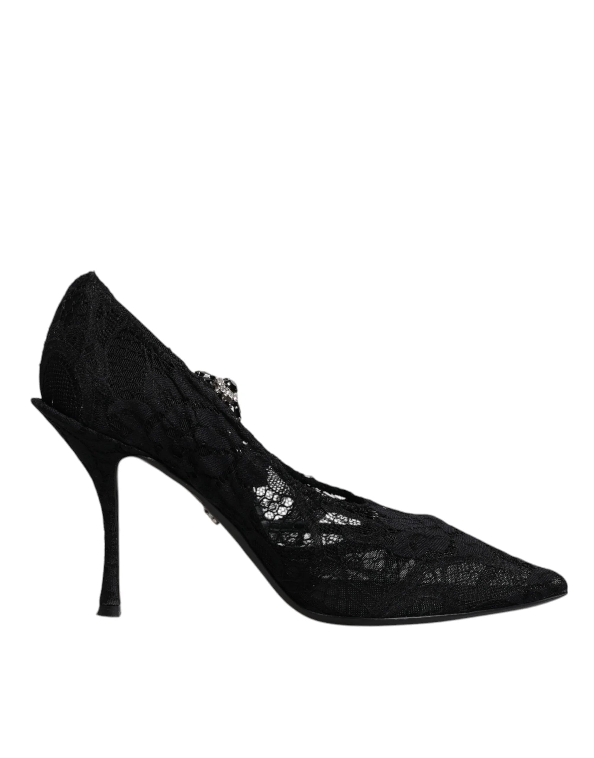 Dolce & Gabbana Čierne čipkované lodičky Mary Jane s kryštálmi - EU39.5/US9