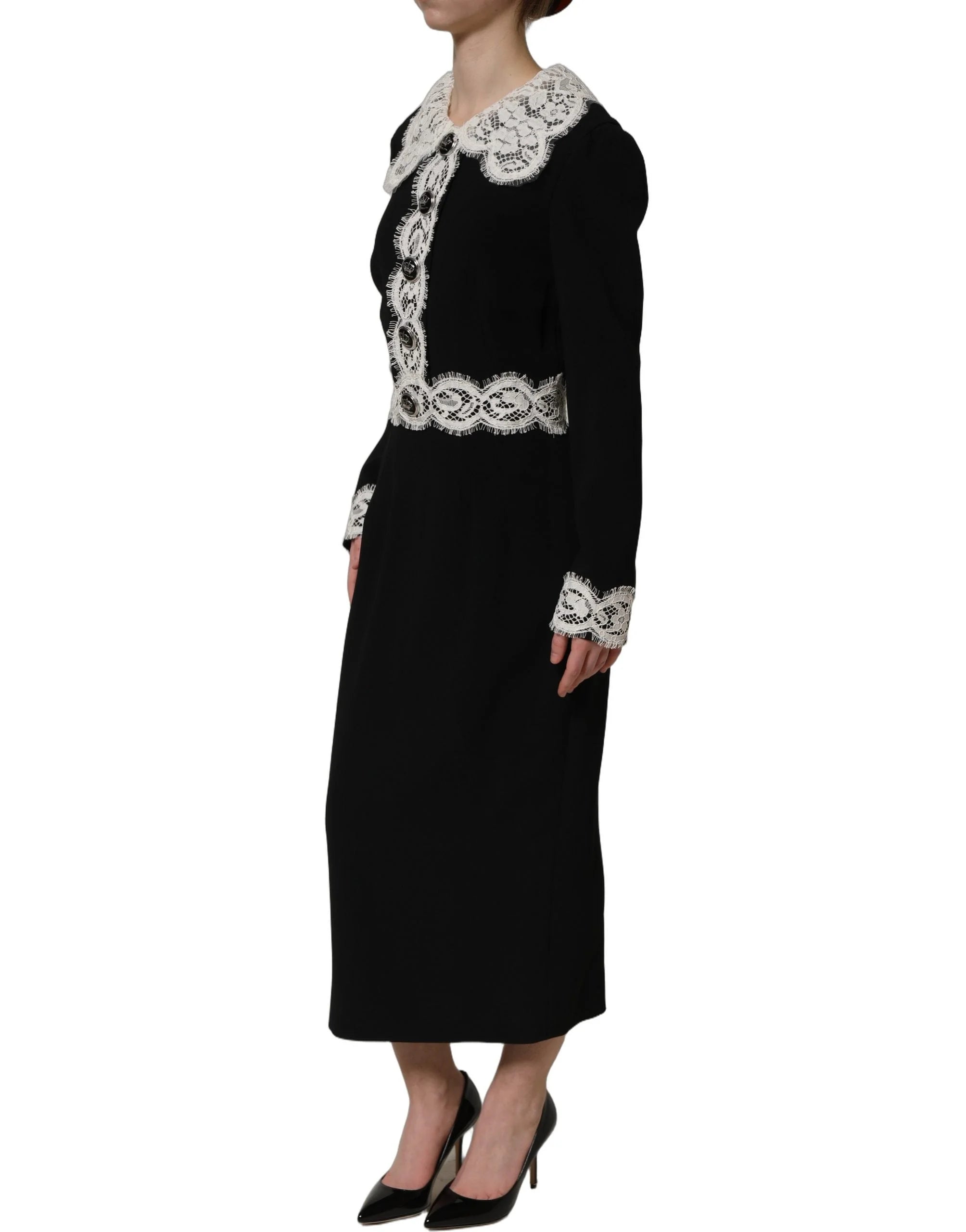 Dolce & Gabbana Black Lace Detailing Long Sleeves Midi Dress - IT38 | XS