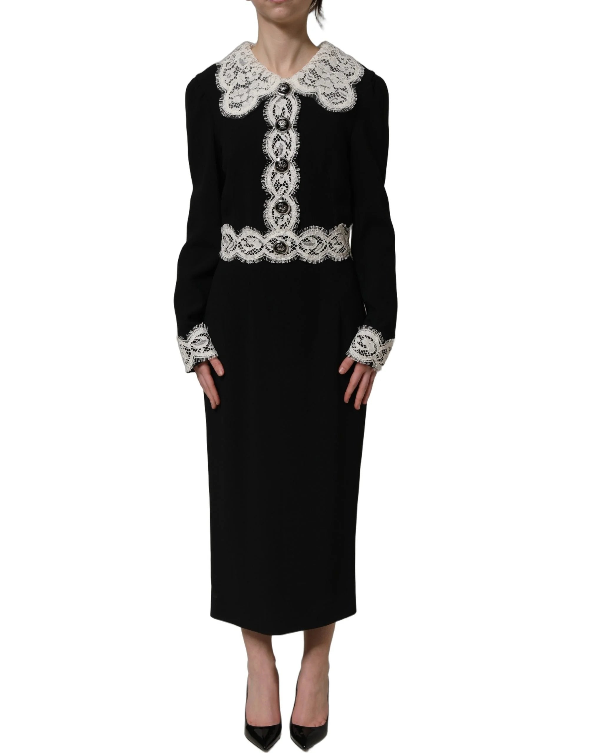 Dolce & Gabbana Black Lace Detailing Long Sleeves Midi Dress - IT38 | XS