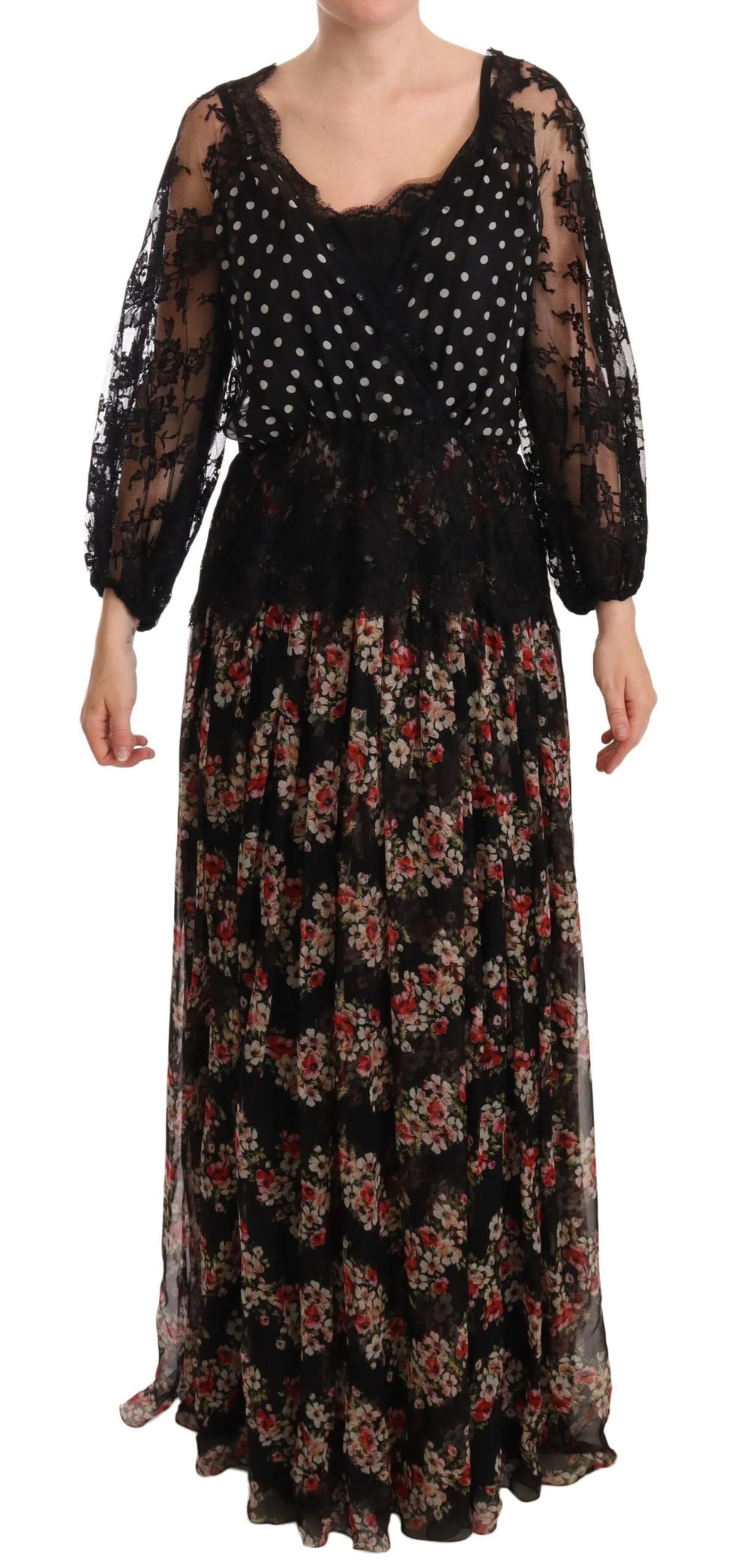 Dolce & Gabbana Black Lace Floral Polka Maxi Capri Dress - IT46|XL - Dresses