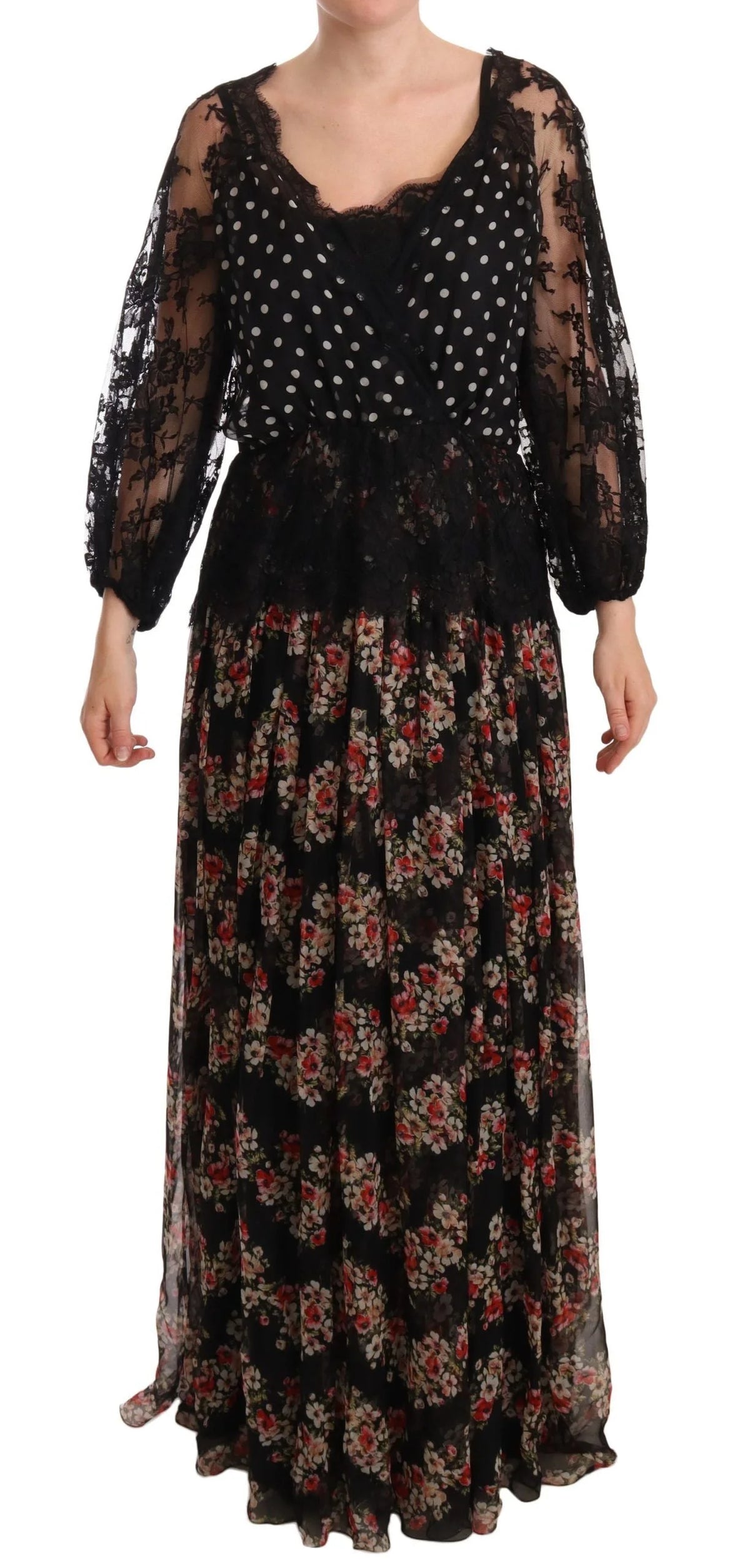 Dolce & Gabbana Black Lace Floral Polka Maxi Capri Dress - IT46|XL - Dresses