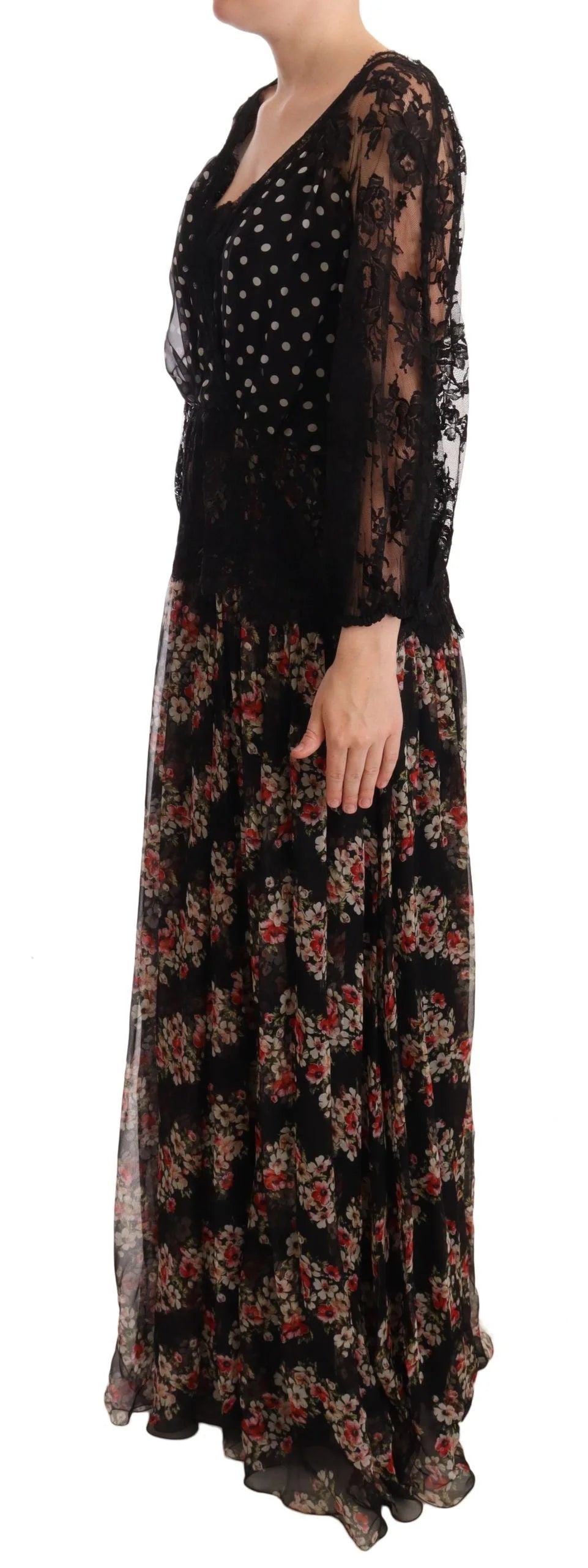 Dolce & Gabbana Black Lace Floral Polka Maxi Capri Dress - IT46|XL - Dresses