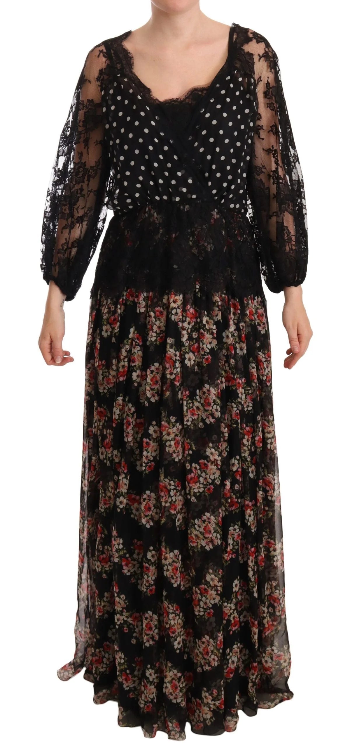 Dolce & Gabbana Black Lace Floral Polka Maxi Capri Dress - IT46|XL - Dresses