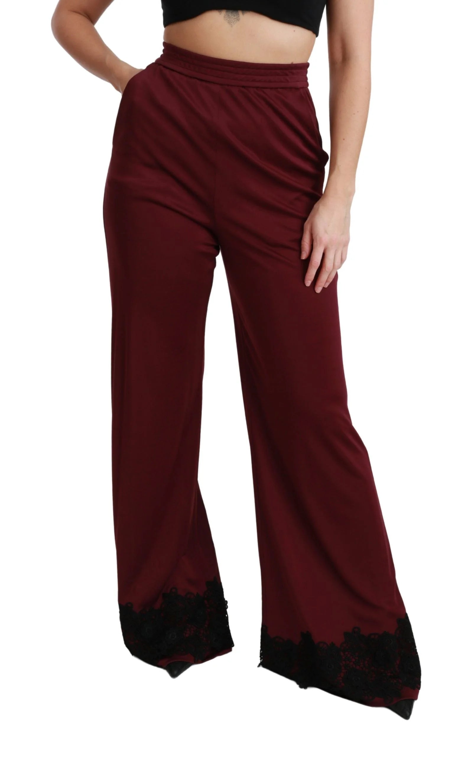 Dolce & Gabbana Black Lace High Waist Wide Leg Maroon Pants - IT40|S - Trousers