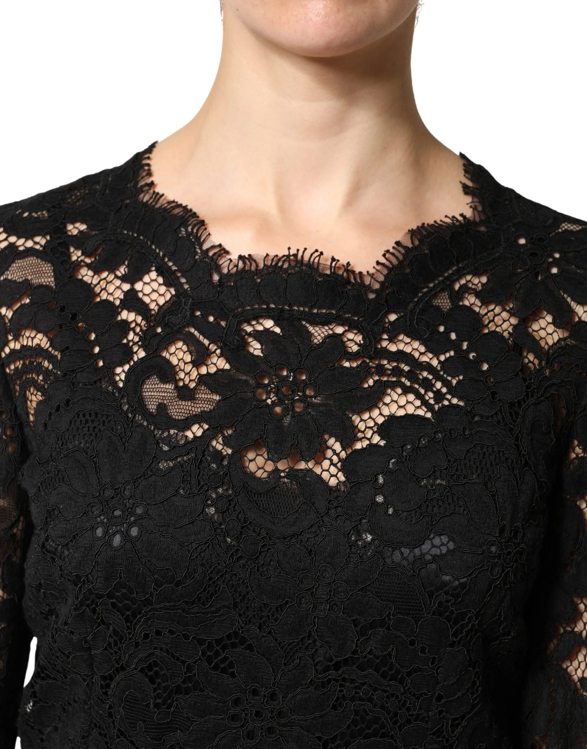 Dolce & Gabbana Black Lace Long Sleeves Cotton Maxi Dress - IT46|XL