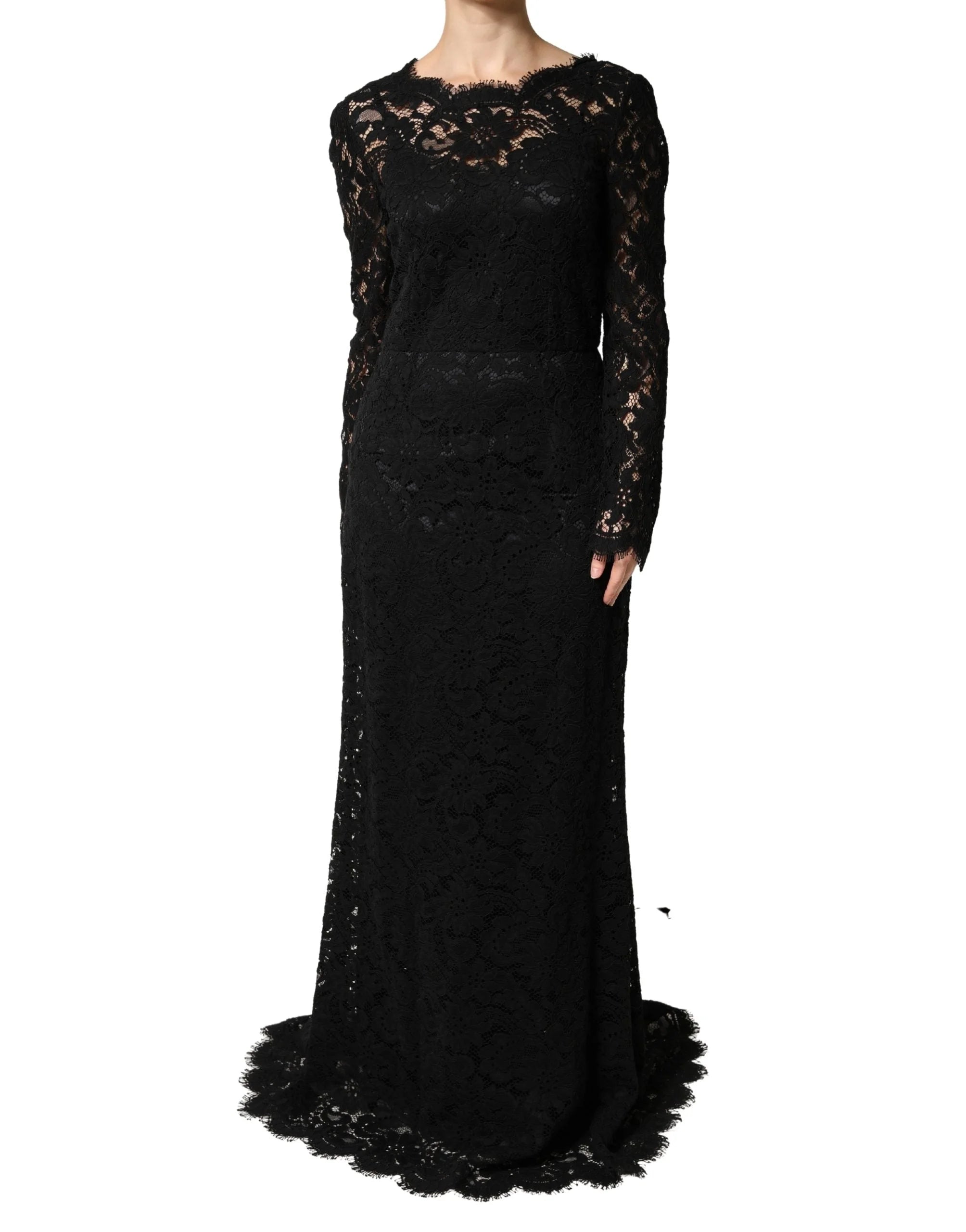 Dolce & Gabbana Black Lace Long Sleeves Cotton Maxi Dress - IT46|XL