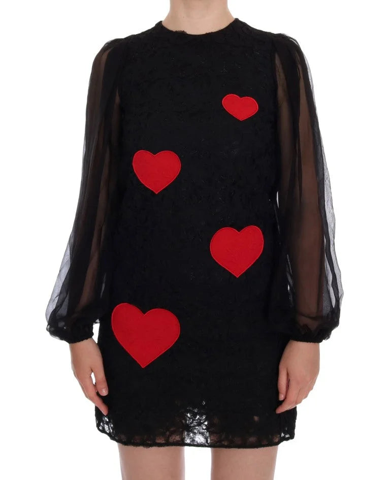 Dolce & Gabbana Black Lace Red Heart Shift Dress - IT36 | XS - Dresses
