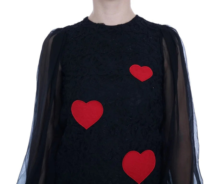 Dolce & Gabbana Black Lace Red Heart Shift Dress - IT36 | XS - Dresses