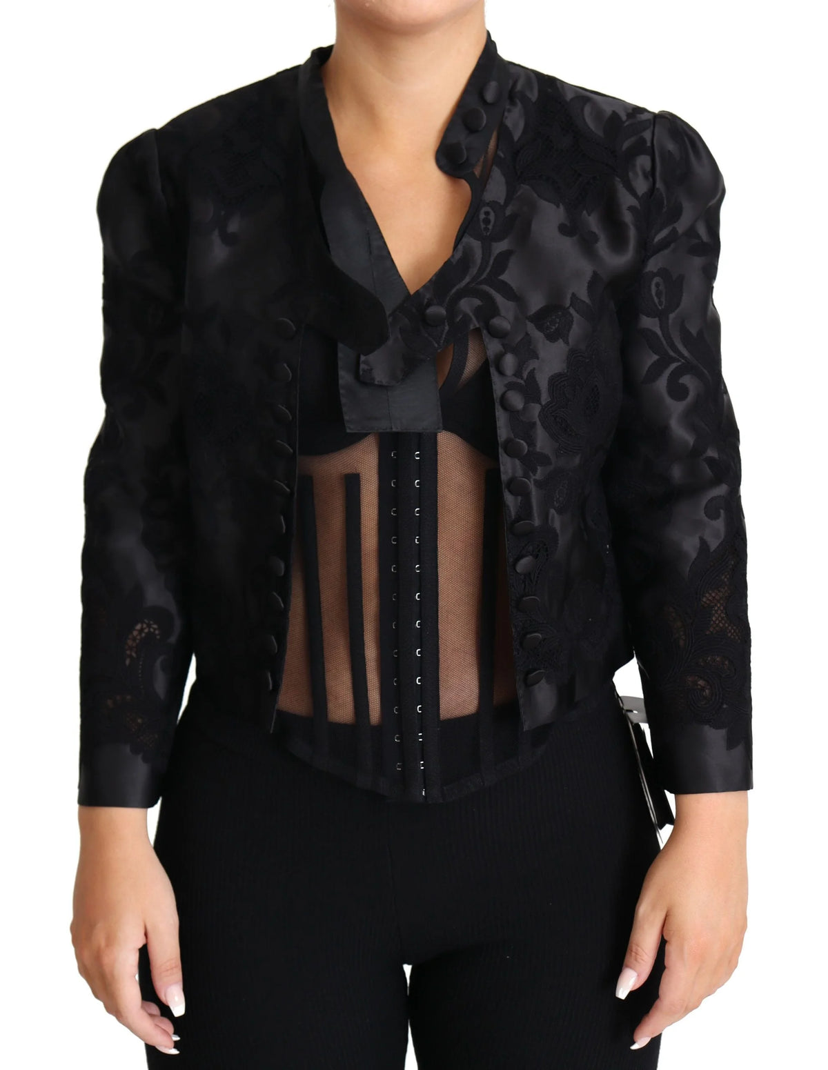 Dolce & Gabbana Black Lace Sheer Corset Organza Silk Jacket - IT46|XL