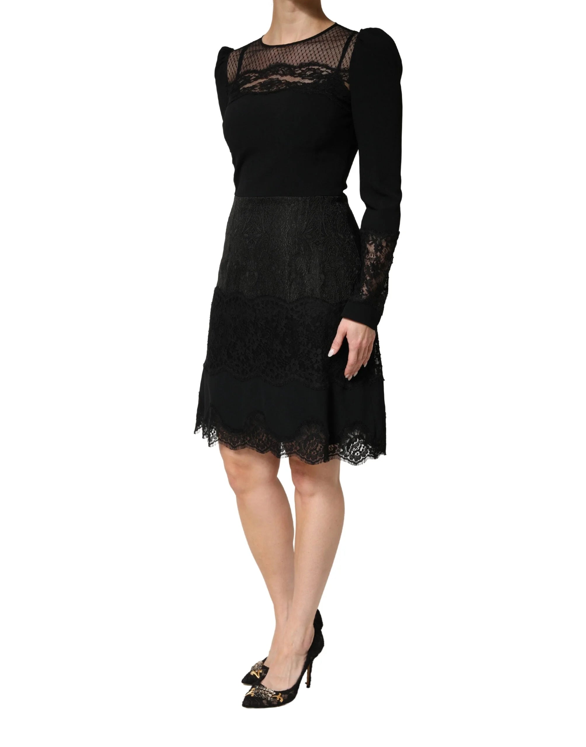 Dolce & Gabbana Black Lace Sheer Panel Midi Long Sleeve Dress - IT42|M