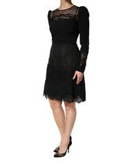 Dolce & Gabbana Black Lace Sheer Panel Midi Long Sleeve Dress - IT42|M