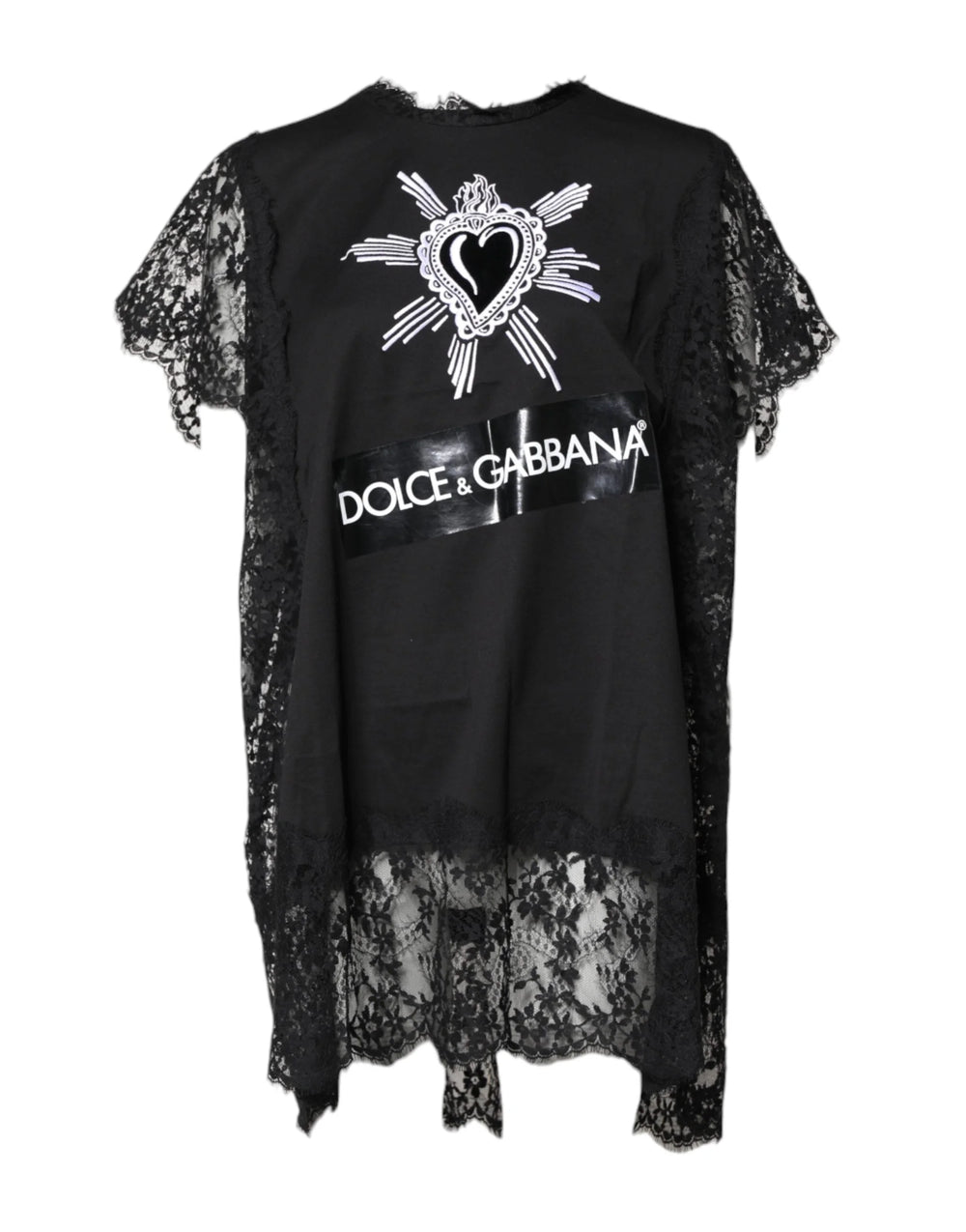 Dolce & Gabbana Black Lace Sheer Sacred Heart Crew Neck Top - IT40|S - T-Shirts