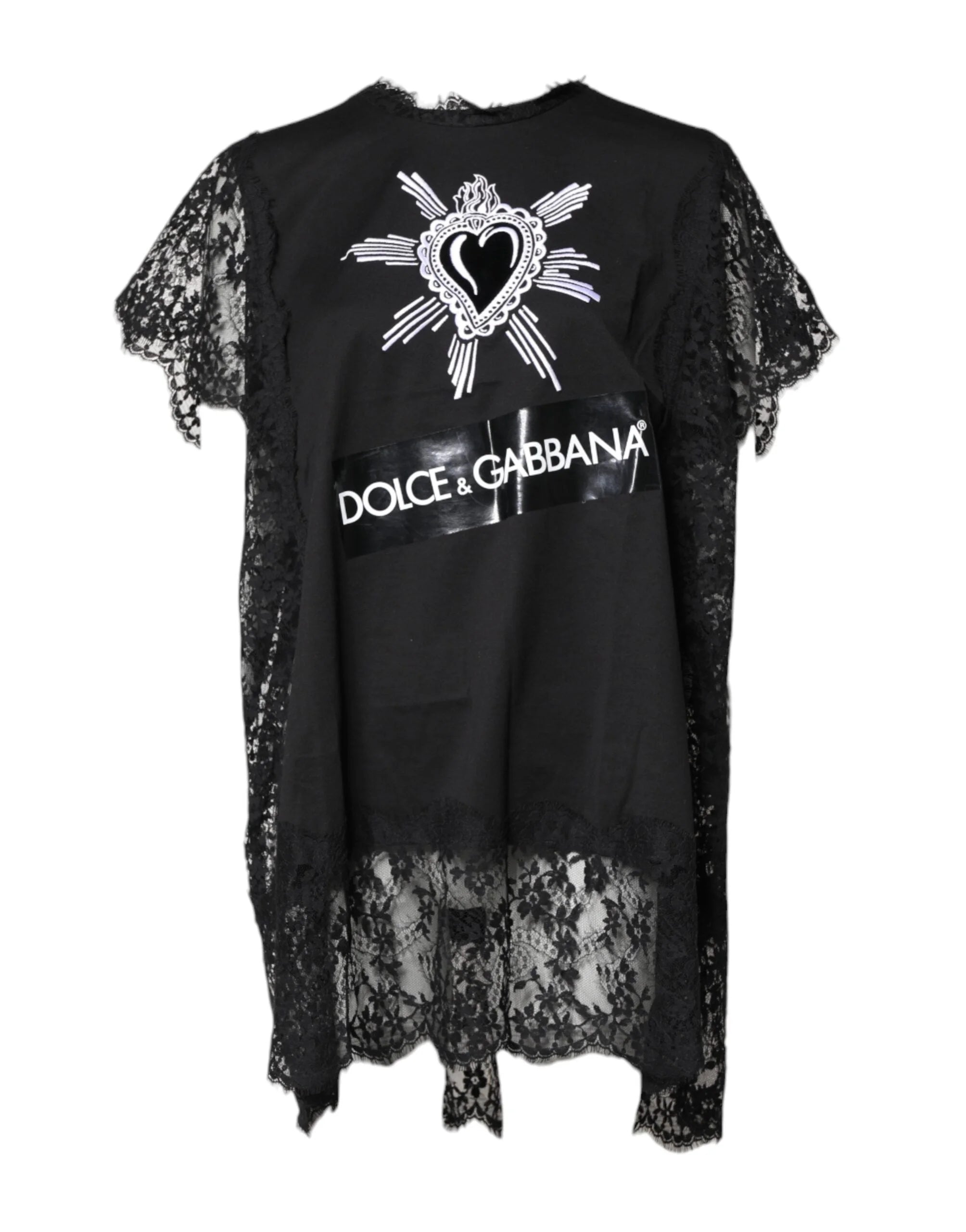Dolce & Gabbana Black Lace Sheer Sacred Heart Crew Neck Top - IT40|S - T-Shirts